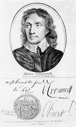 Retrato de Oliver Cromwell (1599-1658) de un original de Peter Lely de 1653, y su sello y autógrafos